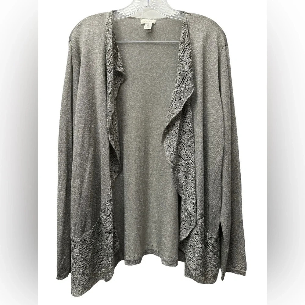 Chicos Sparkly Silver Crochet Open Front Cardigan Size 3
